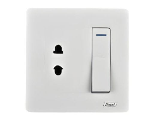 CÔNG TẮC ĐƠN 1 CHIỀU KẾT HỢP Ổ CẮM ĐƠN 2 CHẤU HIMEL HWDP1G1W2P